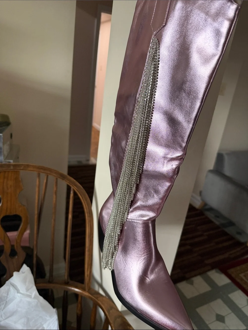 Metallic Pink Tassel-Trim Wedge Boots